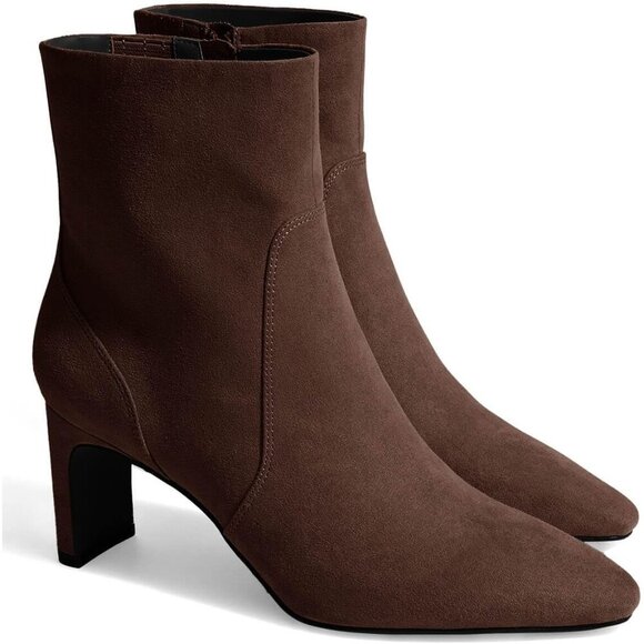 Women Chocolate Chunky Low Heel Square Pointed Toe Side Zipper Faux Suede Boots